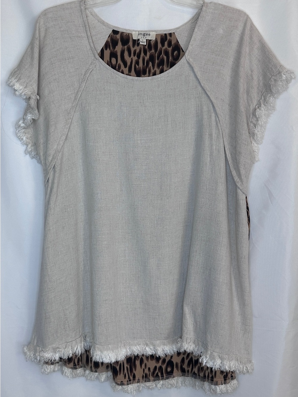 Umgee Light Gray Fringe Short Sleeve Tunic with Leopard Hem